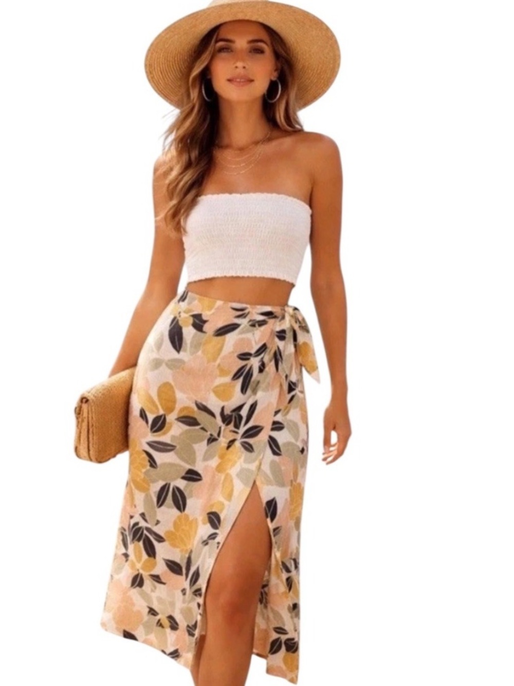 Rachel Zoe 100% Linen Floral Botanical Leaf Faux Wrap Midi Skirt Boho Coastal M